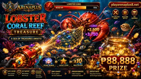 ARENAPLUS fishing scene with an armored tuna turning as the cannon follows with spaced gold shots