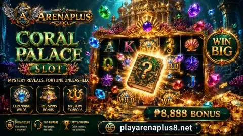 ARENAPLUS slot cabinet with gold-framed reels and crimson arena lighting
