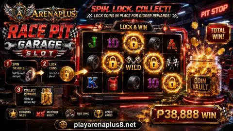 ARENAPLUS slot reels during a staggered slowdown with shield emblems visible