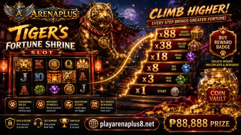 ARENAPLUS slot cabinet reset with arena emblems ready for another reel sequence