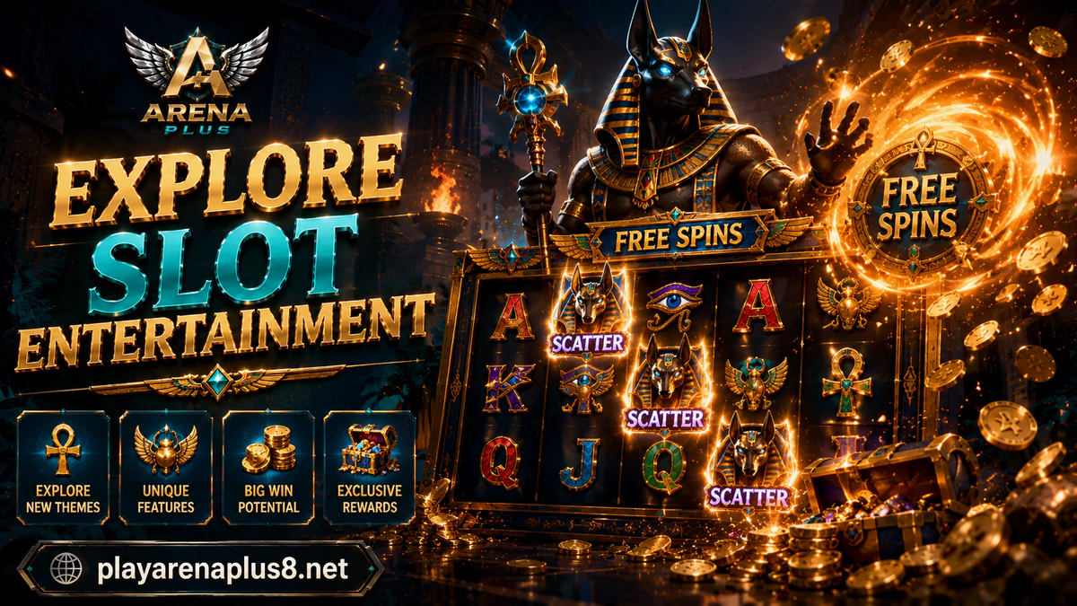 ARENAPLUS Slot Game with a hand leaving the reel control as antique-gold trails cross spinning steel-edged columns